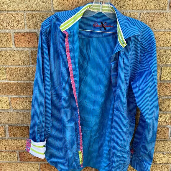 Robert Graham X Striped Tailored Fit Shirt Pattern Accents Blue Medium - Picture 1 of 10